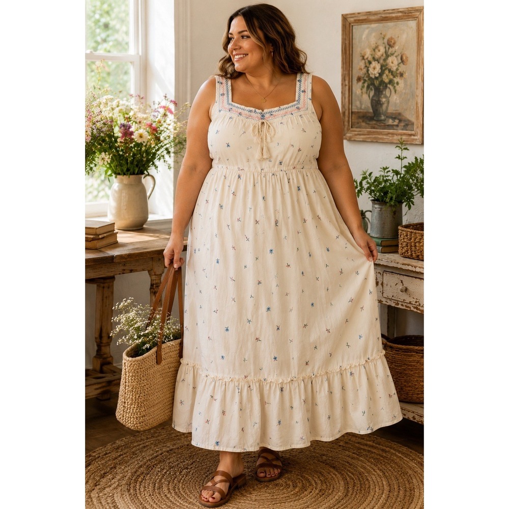 Blueberi Boulevard Floral Smocked Dress XXL Cream Embroidered  Cottagecore
